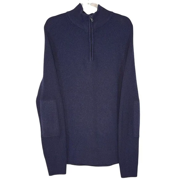 Banana‎ Republic Quarter Zip Sweater Large Blue Elbow Patch Ribbed Pullover Mens