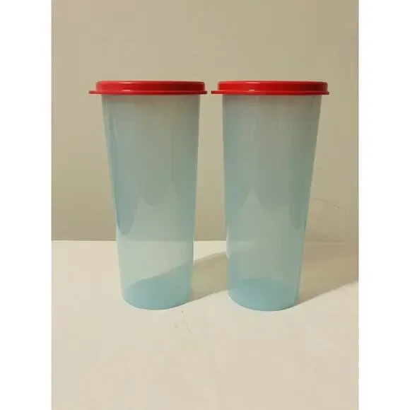 Vintage Tupperware 16oz Tumbler Cups Aquamarine Blue With Pink Lids #5107