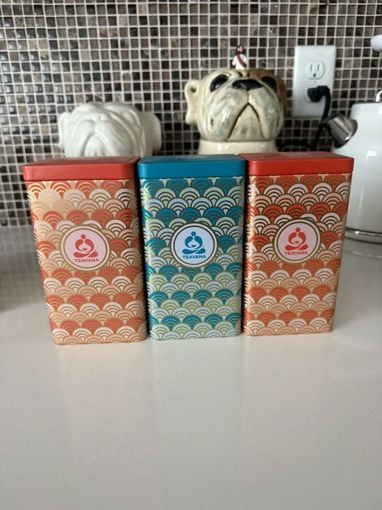 Teavana Collection of Three Rectangular Empty Tins Orange and Blue