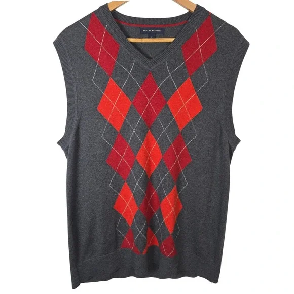 Banana‎ Republic Mens Silk Cashmere Argyle Sweater Vest Gray Red V-Neck Large