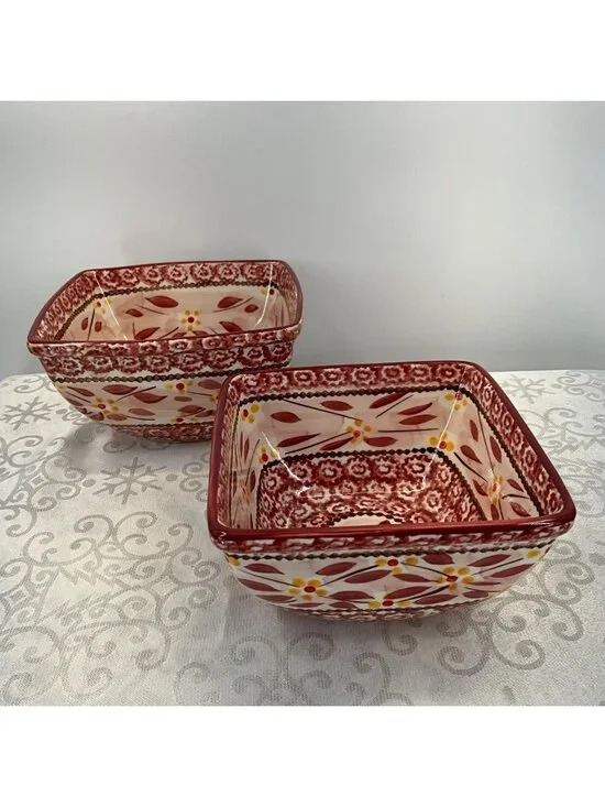 Temp-Tations Old World Square Ceramic Bowls CranberryFloral Set Of 2 Oven Safe