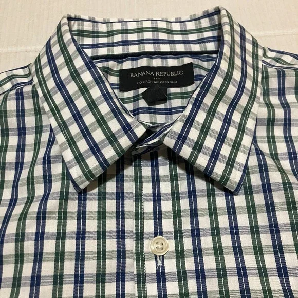 Banana Republic Plaid Check dress shirt non iron slim Mens Size Medium 15 Casual