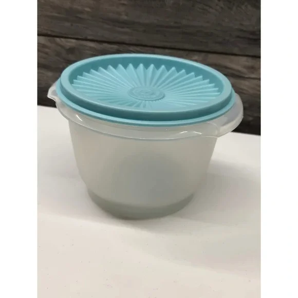 Vintage Tupperware Servalier Bowl 886-32 Frosted Clear Turquoise Sunburst Lid‎