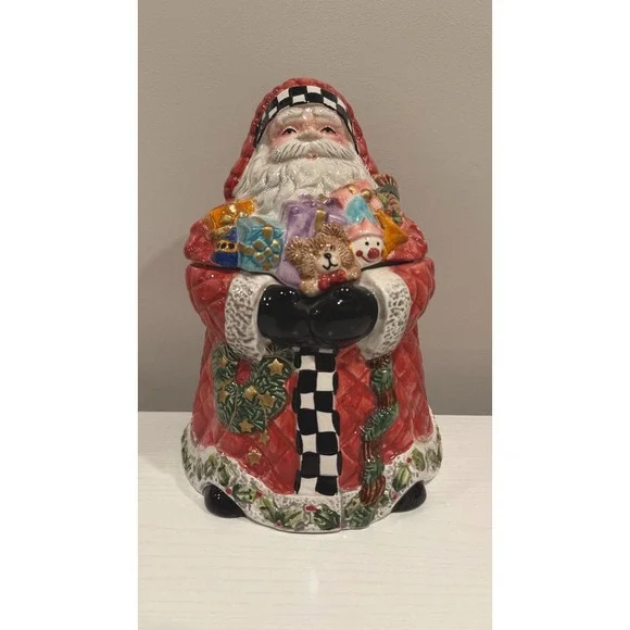 World Bazaar Inc Santa Cookie Jar Quilted Red Coat‎ Gifts Checkered Ceramic