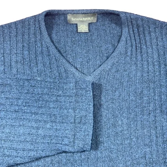 Banana Republic Sweater Mens XL Navy Lambswool V Neck Rib Knit Pullover
