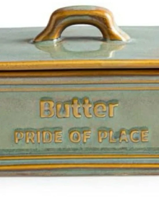 Glazed Ceramic Butter Dish with Raised Lettering