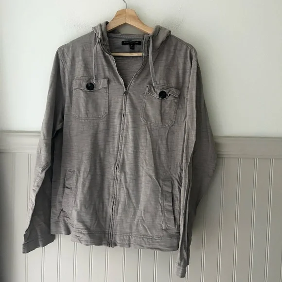 Y2K Banana Republic Men's Medium Zip Up Light Gray Tan Hooded Jacket