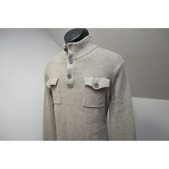 Banana Republic Sweater Men Large Tan Beige Mock Neck Button Up Pockets EUC