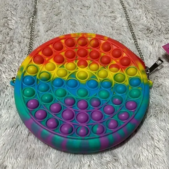 Pop Finity round crossbody purse silver chain nwt perfect fidget rainbow tie dye