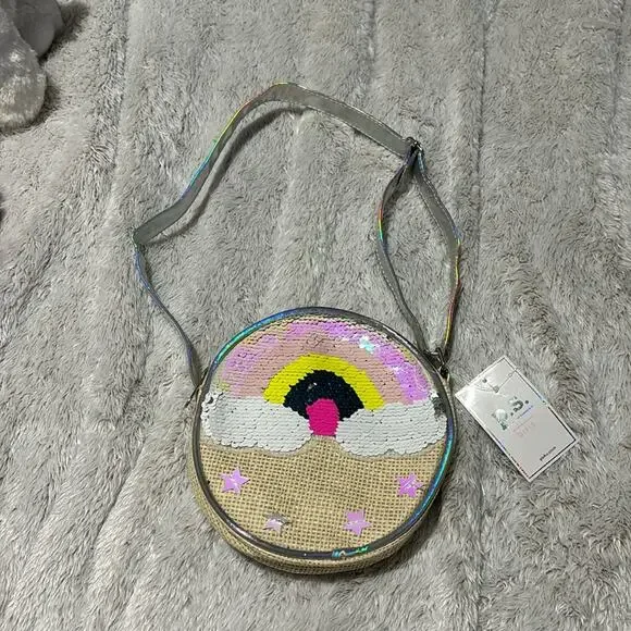 Aeropostale round purse rainbow clouds sequined adjustable strap cross body nwt