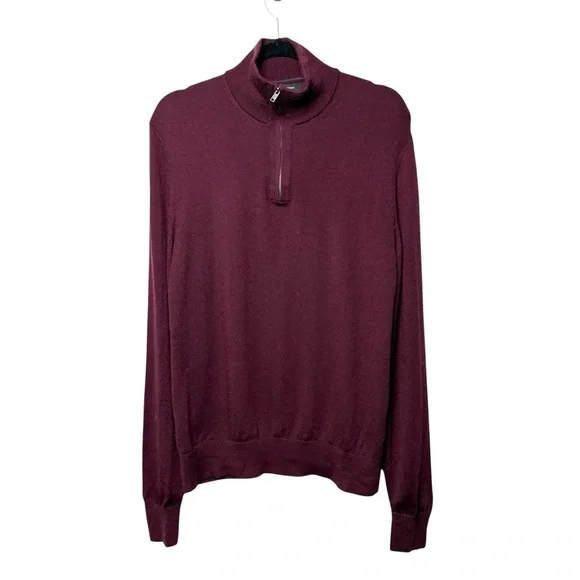 Banana Republic Mens Red Maroon 100% Merino Wool 1/4 Zip Sweater M Christmas