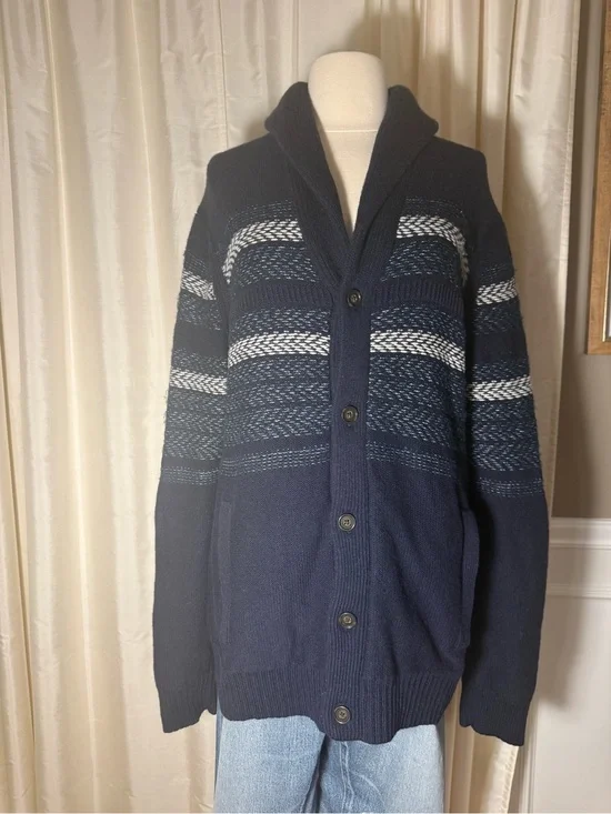 Banana Republic Wool Blend Navy Striped Fair Isle Shawl Collar Cardigan