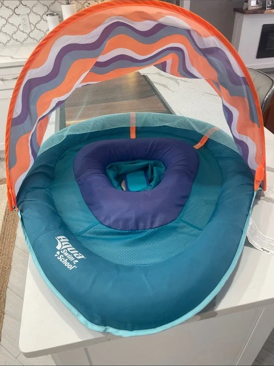 SwimSchool Kids Teal & Blue Inflatable Baby Float with Sun Canopy