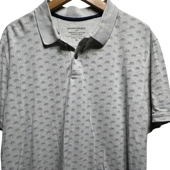 Banana Republic Organic Cotton Pique Polo Mens XL Gray Blue Bicycle Print Shirt