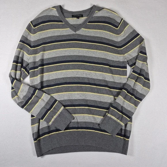 Banana Republic Sweater Men's Large Gray Striped 100% Cotton V-Neck Long Sleeve