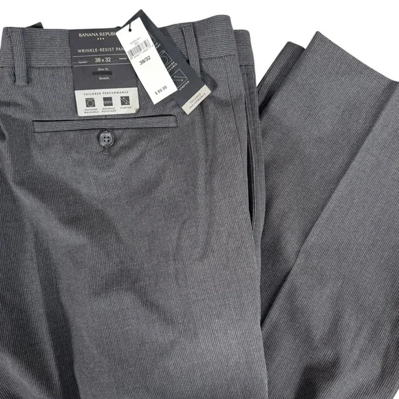 Banana Republic Dress Pants‎ Slim Fit Mens 38x32 Grey Wrinkle-Resist Stretch NWT