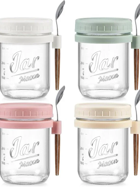 4 Pack Glass Mason Jars with Lids & Spoons - Airtight Overnight Oats Containers