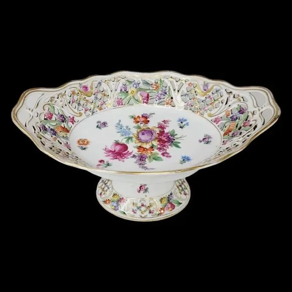 Dresden‎ Schumann Bavaria Candy Fruit Footed Pedestal Oval Floral Bowl Compote