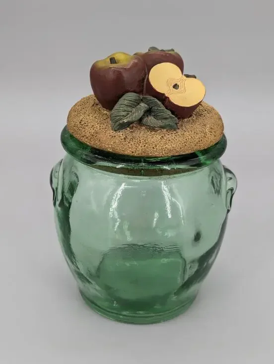 Green Embossed Kitchen Glass Storage Jar With Decorative Apples Cork Lid 7