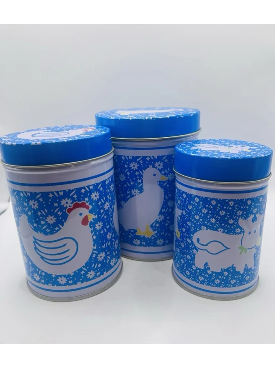 Set of (3) Vintage Country Calico Tin Kitchen Canisters Blue Duck Chick Cow
