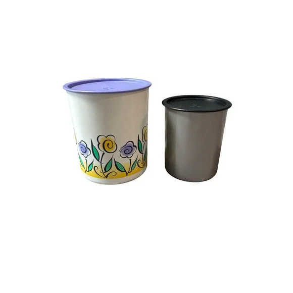 Vintage Tupperware Canister Set 2‎ Floral & Silver Metallic Airtight Containers