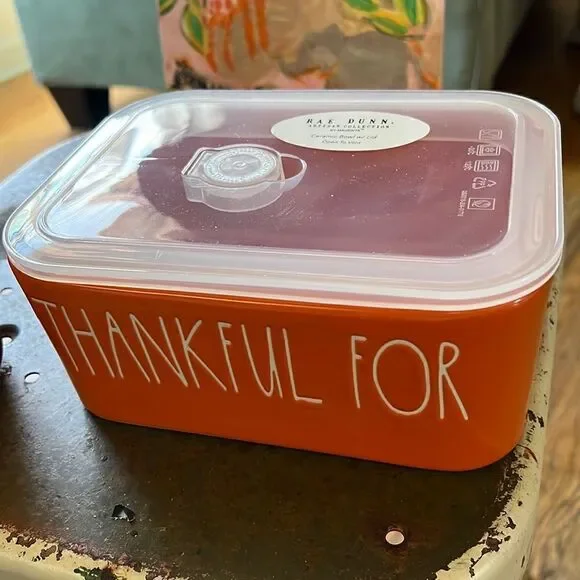 Rae Dunn Ceramic Bowl w/ Lid THANKFUL FOR LEFTOVERS