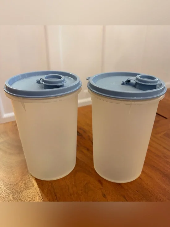 2 Vintage Tupperware Handolier #321 Containers Flip Top Country Blue Lid Cottage
