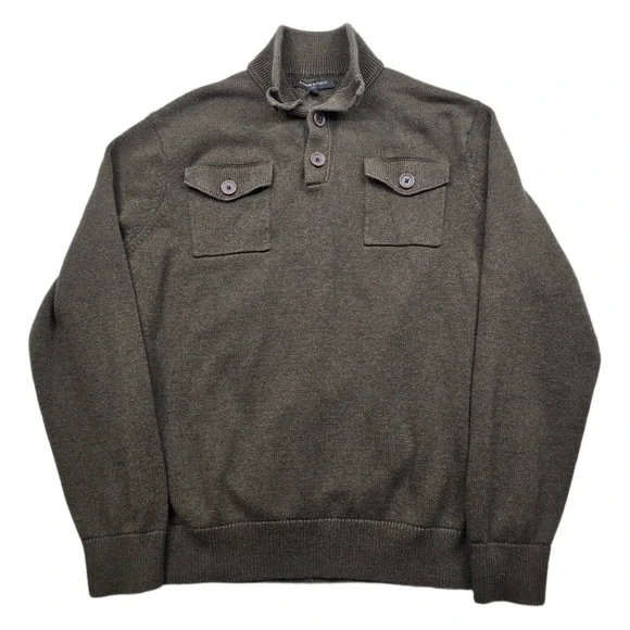Banana Republic Military‎ Pullover Sweater Mens XL Dark Green Knit Button Neck