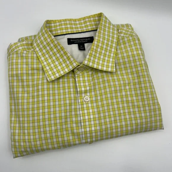 Banana Republic‎ Non Iron Slim Fit Yellow White Plaid Dress Shirt Men's Medium