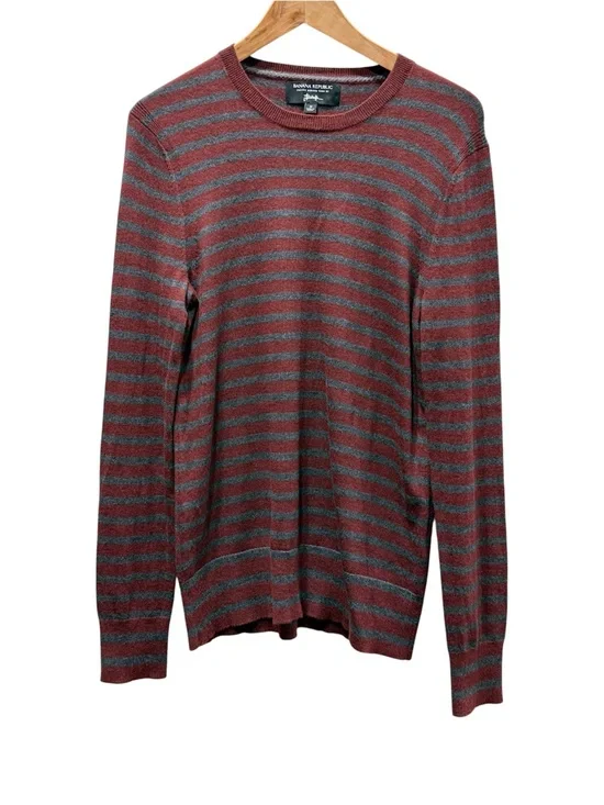 Banana Republic Men's Red & Gray Striped Crewneck Preppy Sweater