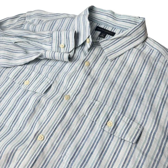 Banana Republic Mens Linen Button Down Shirt XL Blue Striped Coastal Nautical‎