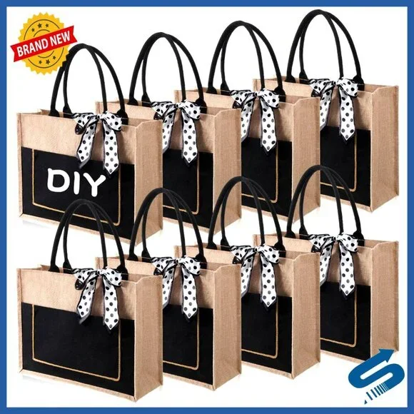Large Jute Tote Bags Bulk Set with Handles Front Pocket DIY Blank Retro