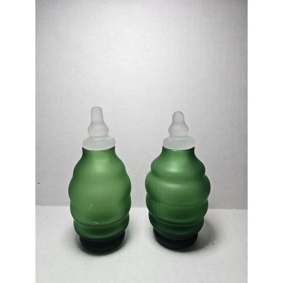 Set Of 2 Green Glass Apothecary Jars Ribbed Frosted