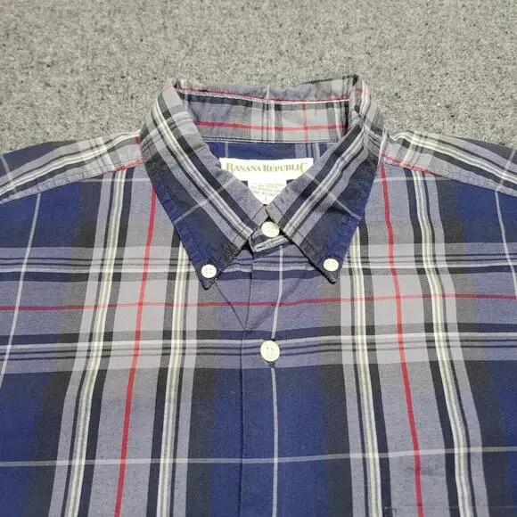Vintage Banana Republic Shirt Mens Large Blue Tartan Plaid Preppy 90s Pocket
