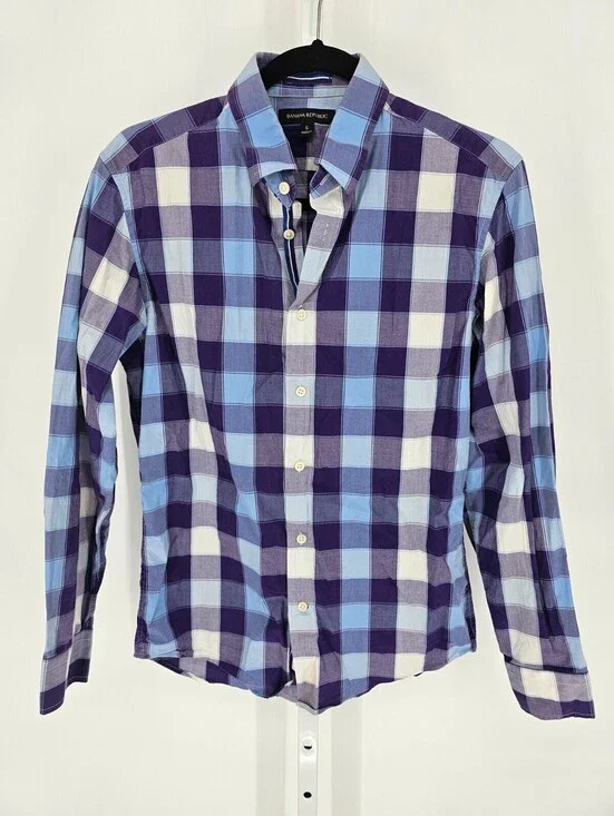 Banana Republic Mens Sz S Long Sleeve Button Up Dress Shirt Purple Buffalo Plaid