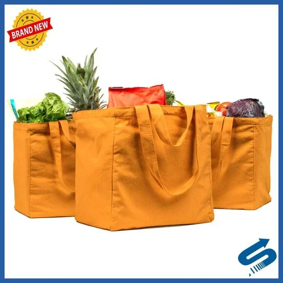 Heavy Duty Canvas Tote Bags Set Foldable Washable with Pockets Dual Handles