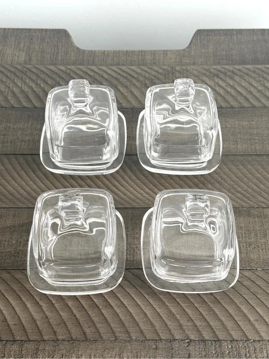 Vintage Square Glass Covered Butter Dish Or Spice Saver - Set of 4