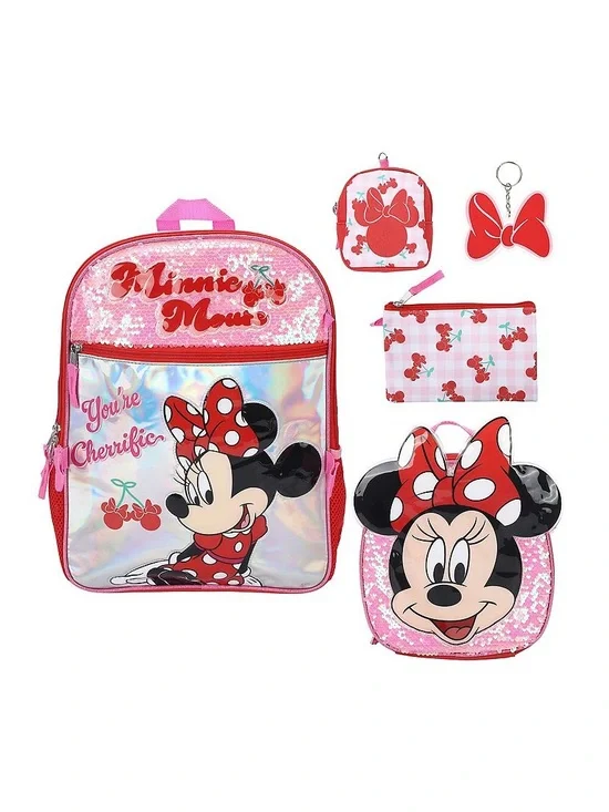 Disney Minnie Mouse Pink 5 Piece Cherry Red Sequin Backpack and Accessories Set