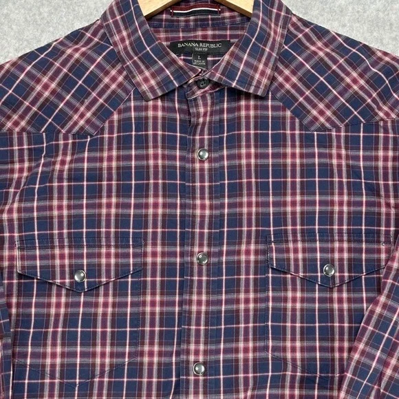 Banana Republic Mens Slim Fit Western Plaid Snap Front Shirt Navy Burgundy Large