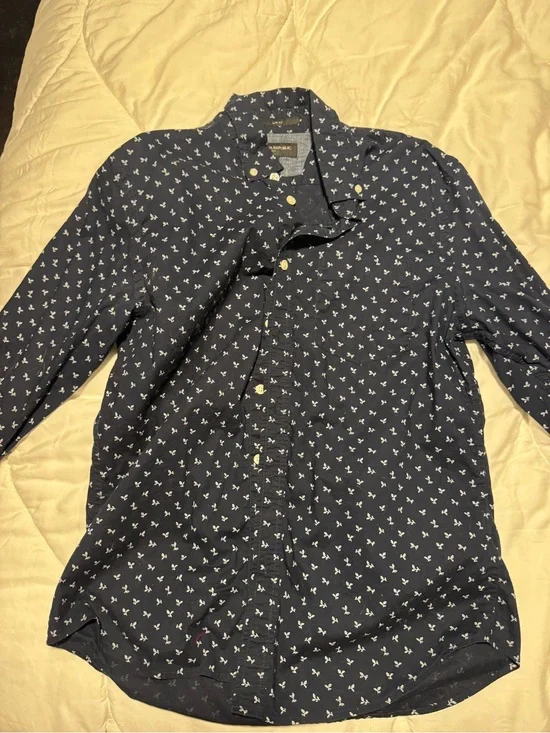 Banana Republic Navy Blue Button-Down Shirt with White Micro Print