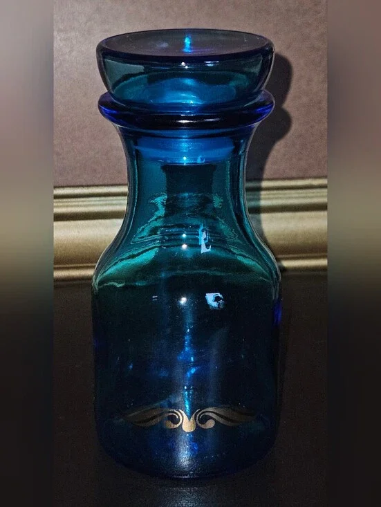Vtg Belguim Glass Jar w/lid  Beautiful Blue w Gold Trim