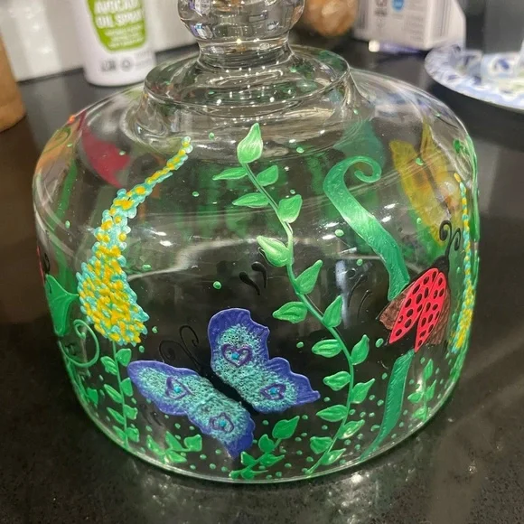 Hand-Painted Glass Cloche with Butterfly and Ladybug Accents