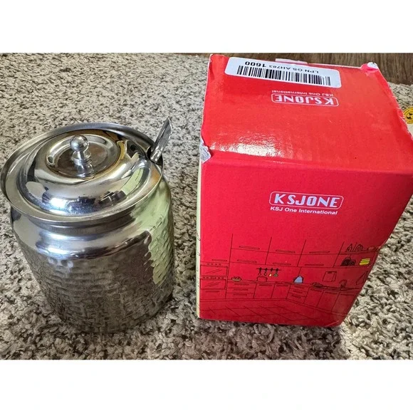 KSJONE Stainless Steel Ghee Pot with Spoon Hammered Finish Storage Canister Lid