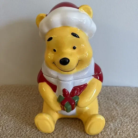 Disney Winnie The Pooh Christmas Cookie Jar Santa Hat Holiday Ceramic 10” Large