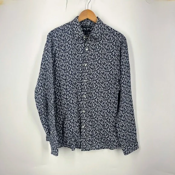 Banana Republic Mens Slim Fit 100% Linen Leaf Print Button Down Shirt Navy M
