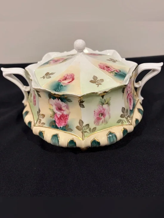 Antique Footed RS Prussia Biscuit Jar W/ Lid  - Red Mark
