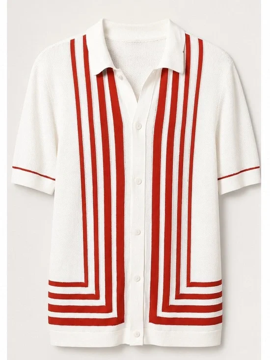White Knit Banana Republic Button-Up Shirt with Burnt Orange Stripe Detail