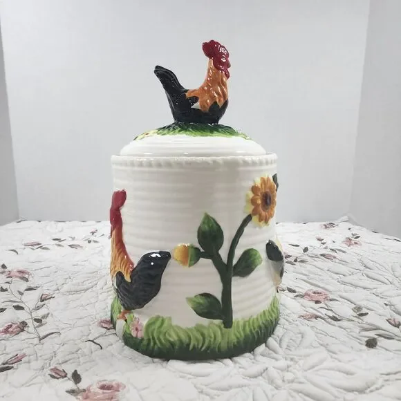 Vintage Ceramic Rooster Sunflower Canister Cookie Jar 3D Farmhouse Ribbed