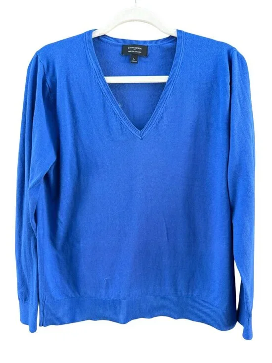 Banana Republic Forever Sweater Blue V-Neck Knit Pullover Large Cotton Blend
