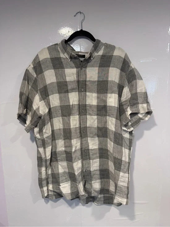Banana Republic Short-Sleeve Gray & White Check Button-Down Shirt 100% Linen